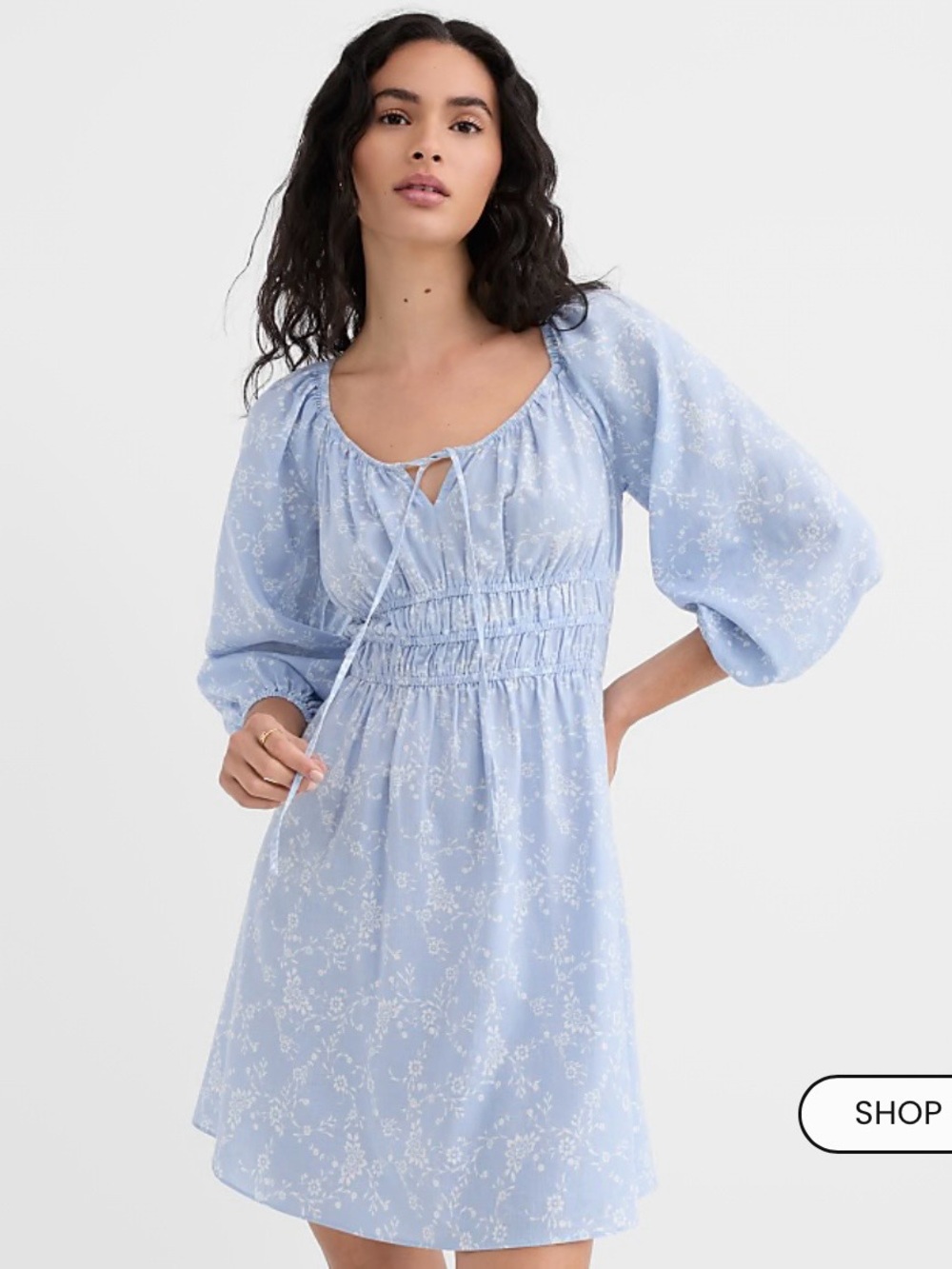 LOFT Light Blue Floral Smocked Mini Dress with Puff Sleeves —NWT